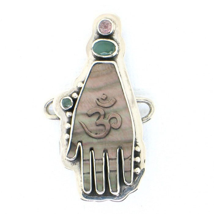 Tabra Mother of Pearl OM Hand, Emerald & Tourmaline Charm