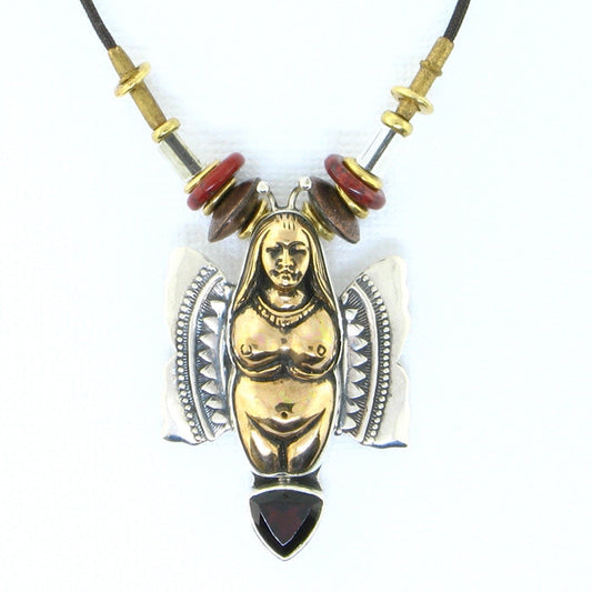 Tabra Amulet Cord Necklace Bronze Butterfly Goddess, Garnet & Jasper