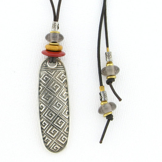 Tabra Amulet Cord Necklace Greek Key Emboss, Jasper & Smokey Quartz