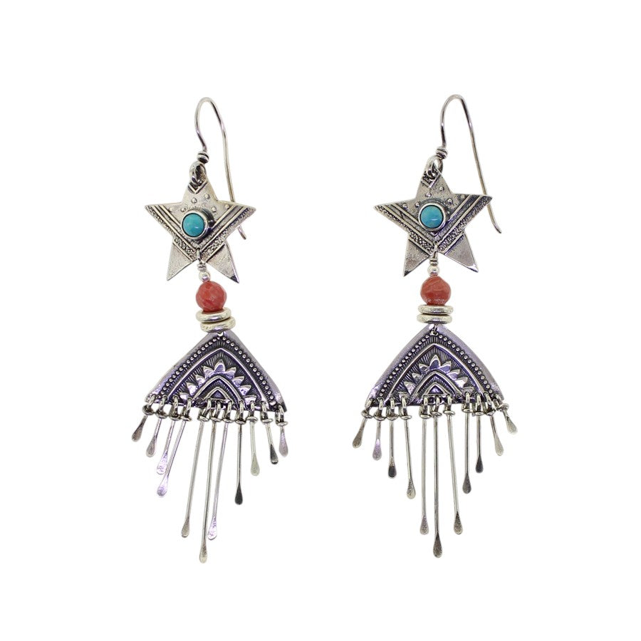 Tabra Sterling Silver Star Fringe Earrings Turquoise Rhodochrosite