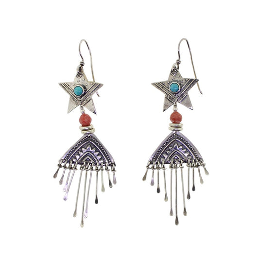 Tabra Sterling Silver Star Fringe Earrings Turquoise Rhodochrosite