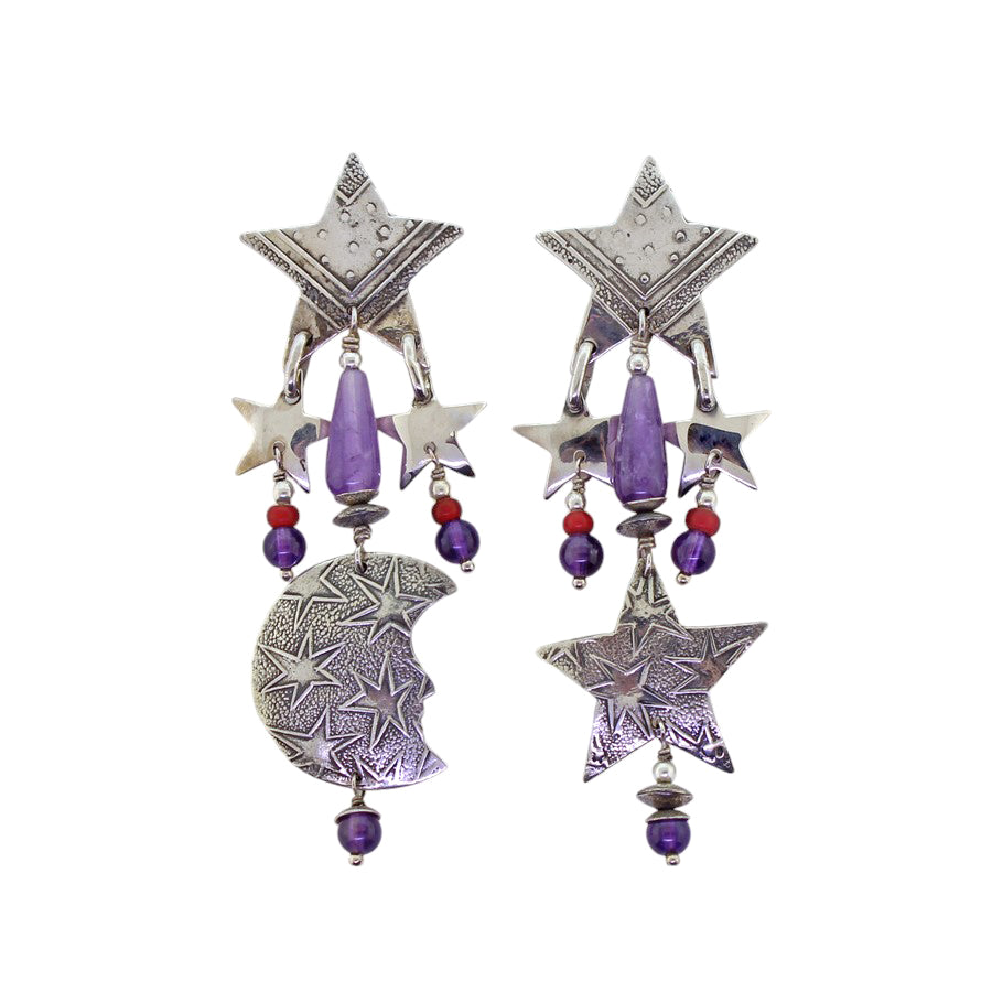 Tabra Sterling Silver Star Moon Amethyst Post Earrings