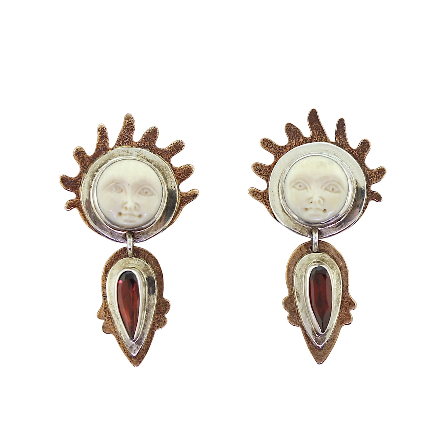 Tabra Vintage Bone Moon Goddess Garnet Bronze Earrings