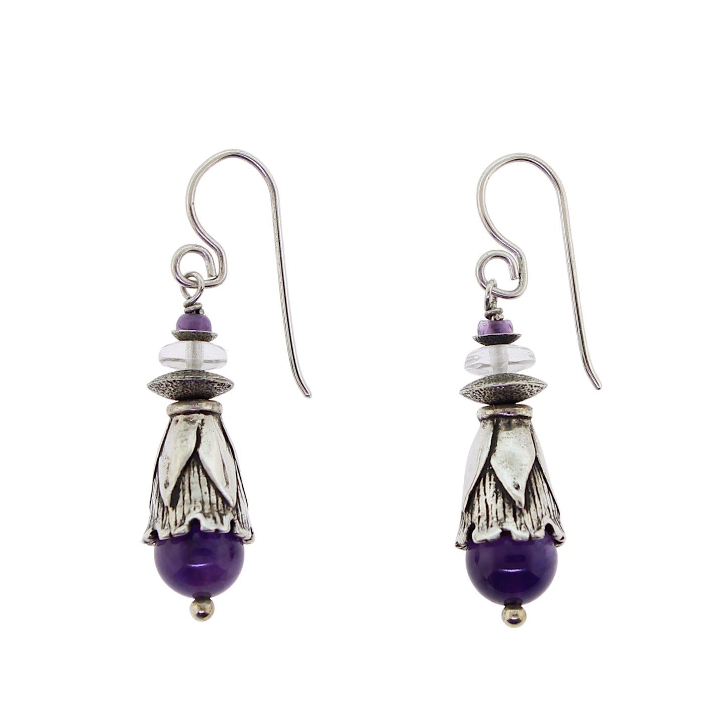 Tabra Amethyst Crystal Silver Floral Drop Earrings