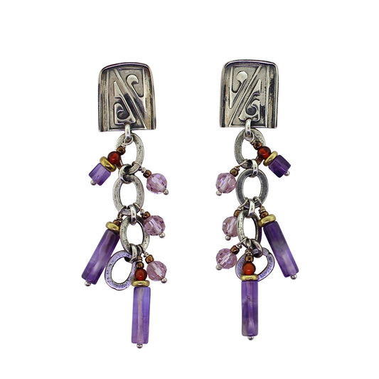 Tabra Amethyst Beaded Dangle Silver Emboss Earrings