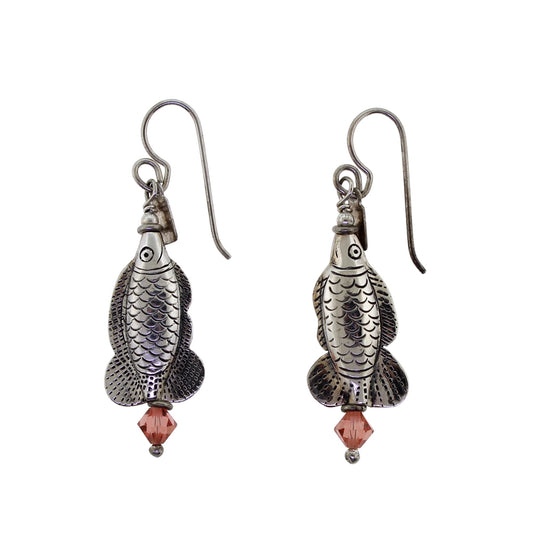 Tabra Silver Fish Pink Crystal Earrings