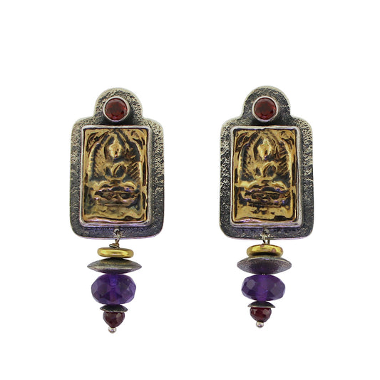 Tabra Bronze Buddha Post Earrings Amethyst & Garnet