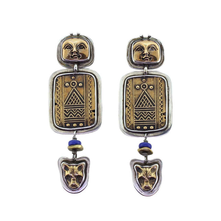 Tabra Bronze Bug Goddess Jaguar Earrings Ethnic Emboss