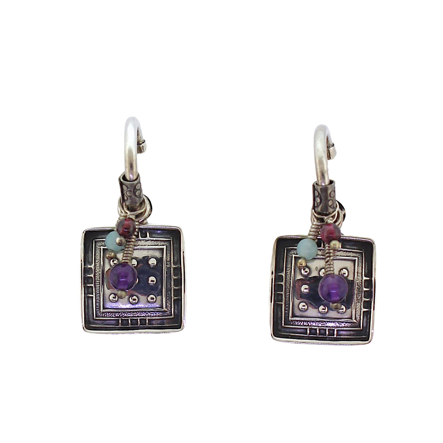 Tabra Sterling Silver Emboss Amethyst Hoop Earrings