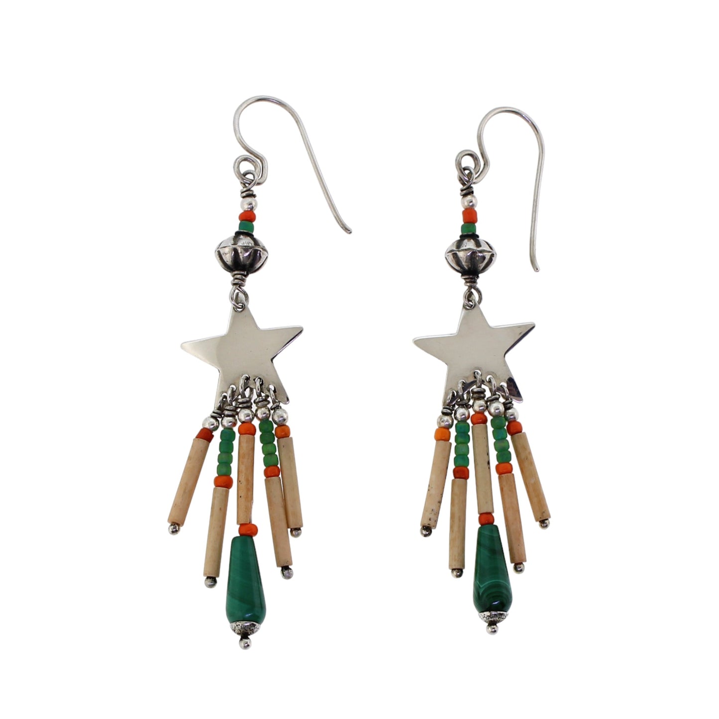 Tabra Star Dangle Green & Tan Beads Wire Earrings