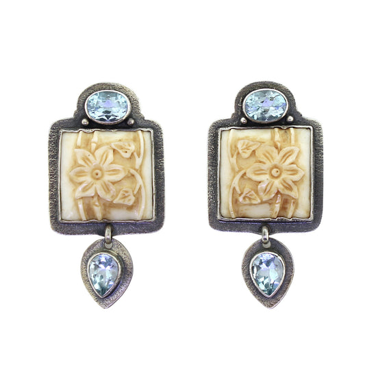 Tabra Carved Bone Floral Blue Topaz Earrings