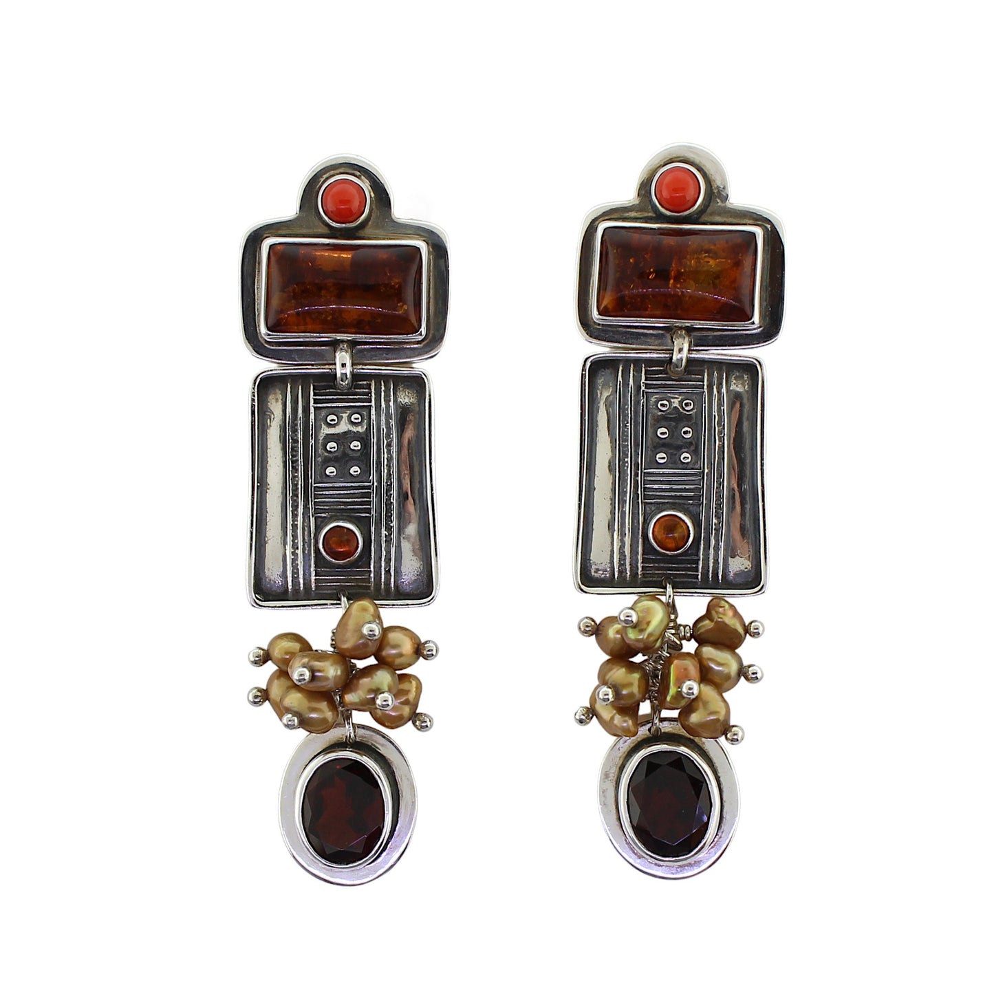 Tabra Amber, Coral, Garnet & Freshwater Pearl Earrings