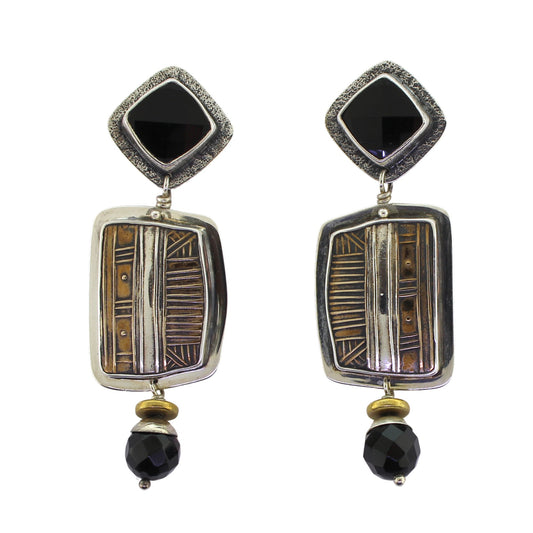 Tabra Black Onyx, Silver and Bronze Emboss Earrings