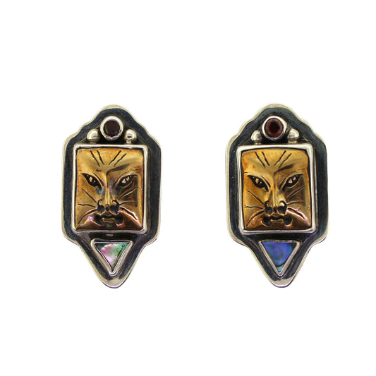 Tabra Bronze Cat, Garnet and Paua Post Earrings