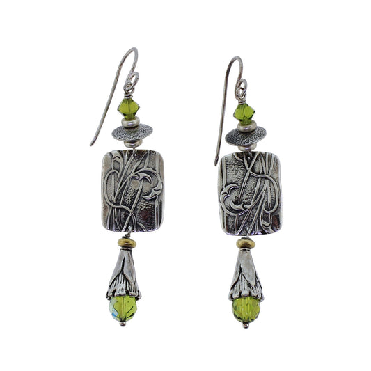 Tabra Peridot Silver Vine Emboss Wire Earrings