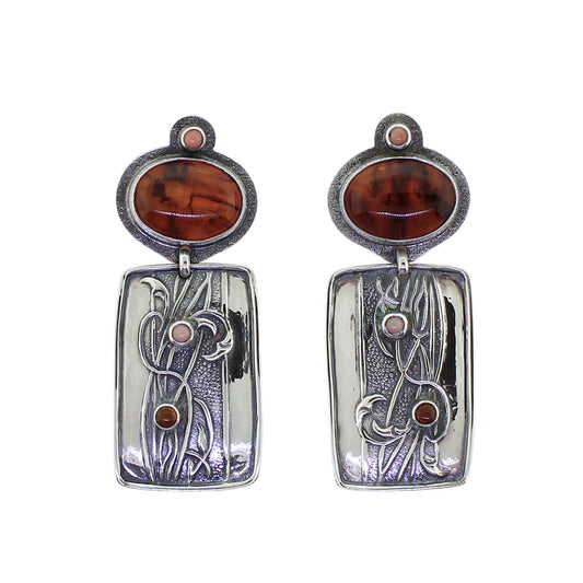 Tabra Amber Coral Silver Emboss Floral Earrings