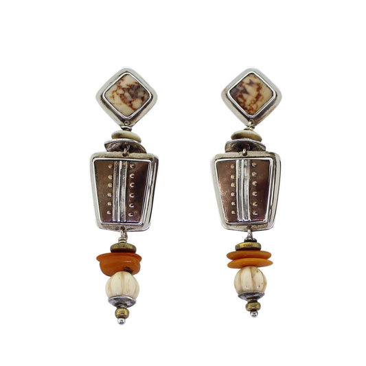 Tabra Bronze Emboss, Conch Shell, Butterscotch Amber & Carved Chinese Bone Earrings