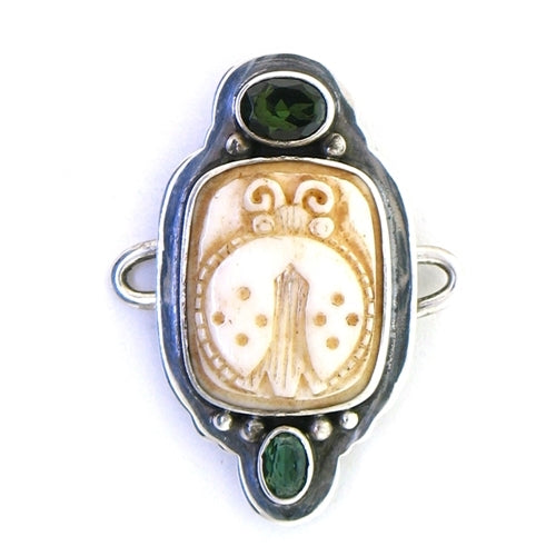 Tabra Bone Carved Ladybug and Green Quartz Charm