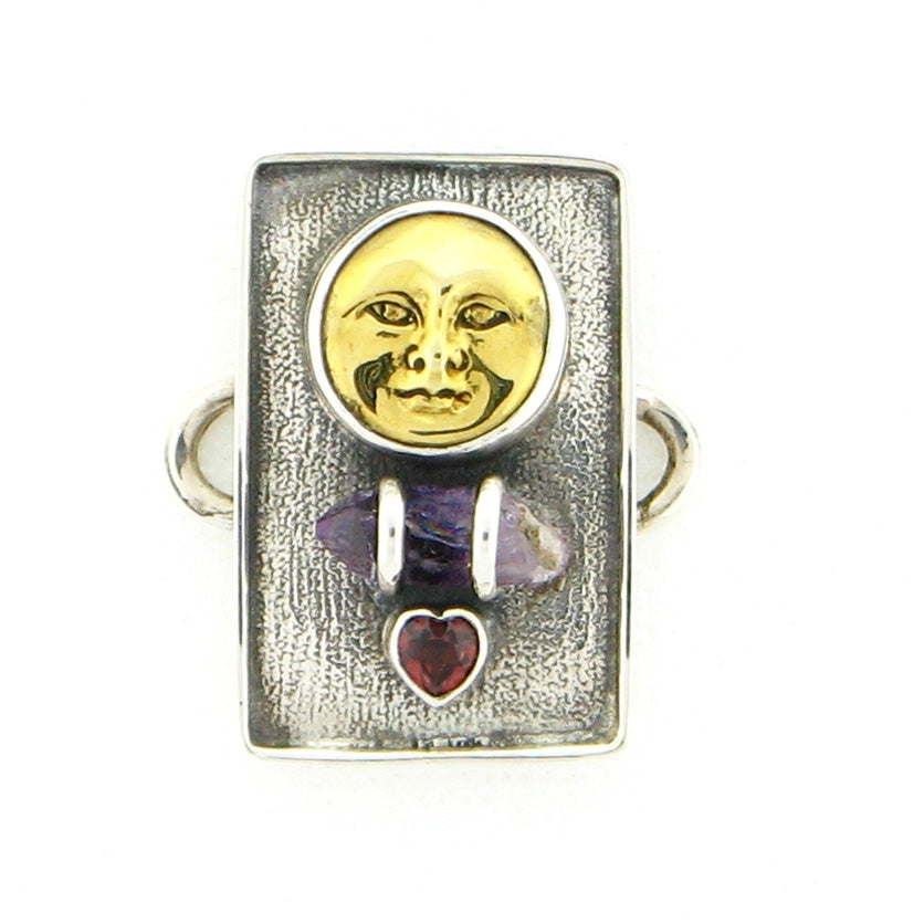 Tabra Bronze Sun God, Amethyst Crystal Point and Garnet Charm