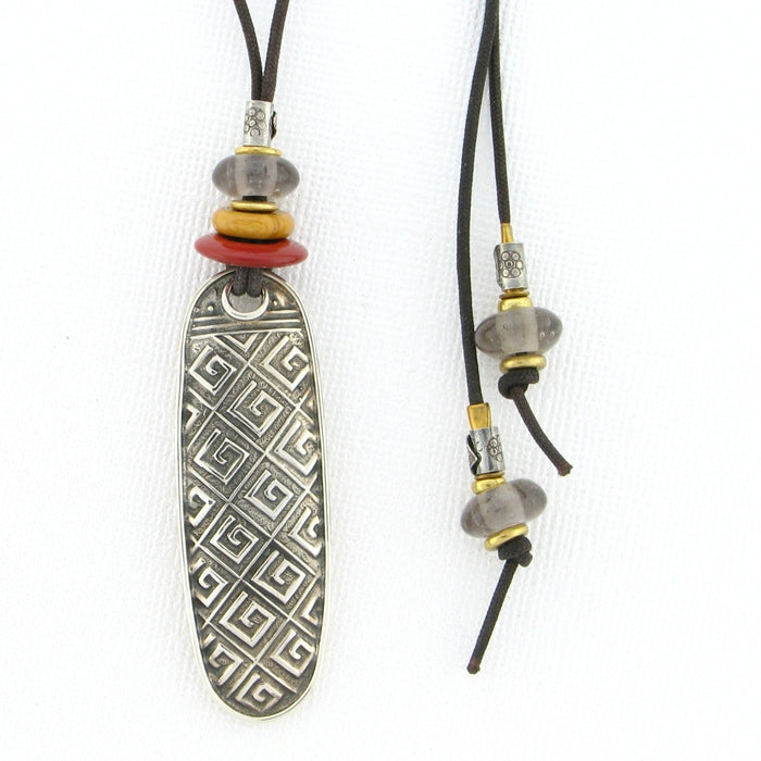Tabra Amulet Cord Necklace Greek Key Emboss, Jasper & Smokey Quartz