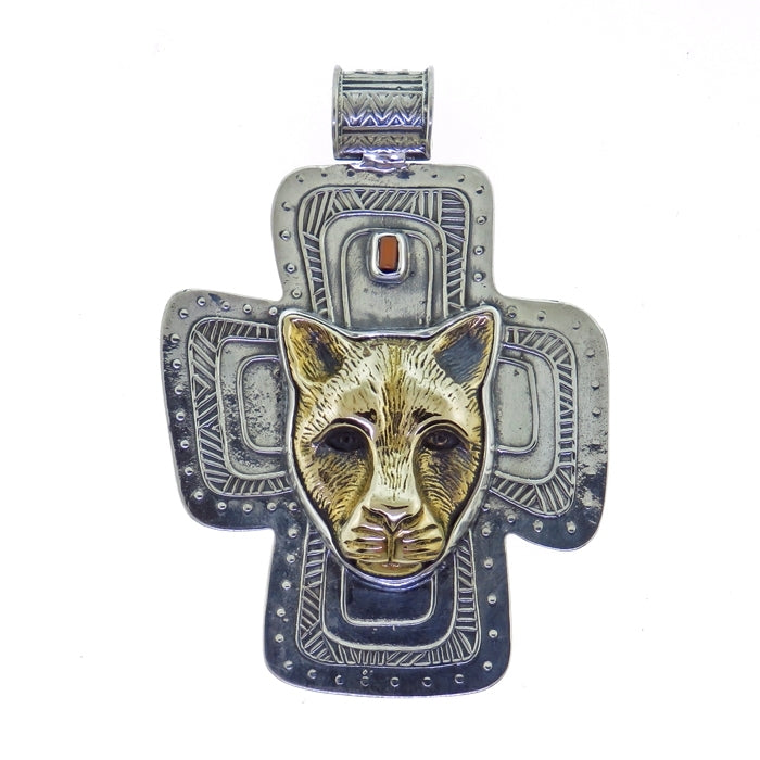 Tabra Bronze Jaguar Silver Cross Coral Pendant