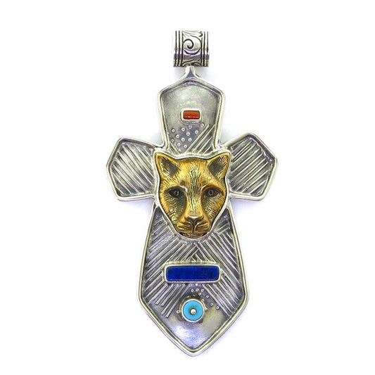 Tabra Bronze Jaguar Silver Cross Talisman Coral Lapis Lazuli