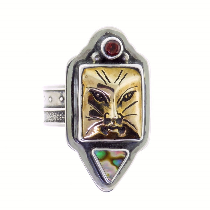 Tabra Bronze Cat, Paua & Garnet Ring