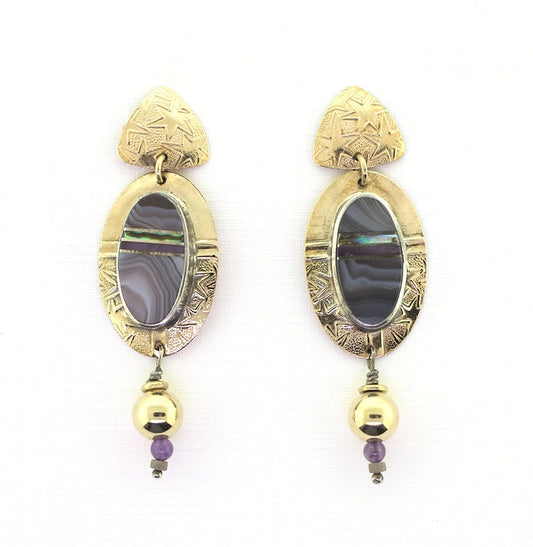 Tabra Gold Fill Grey Agate Vintage Earrings