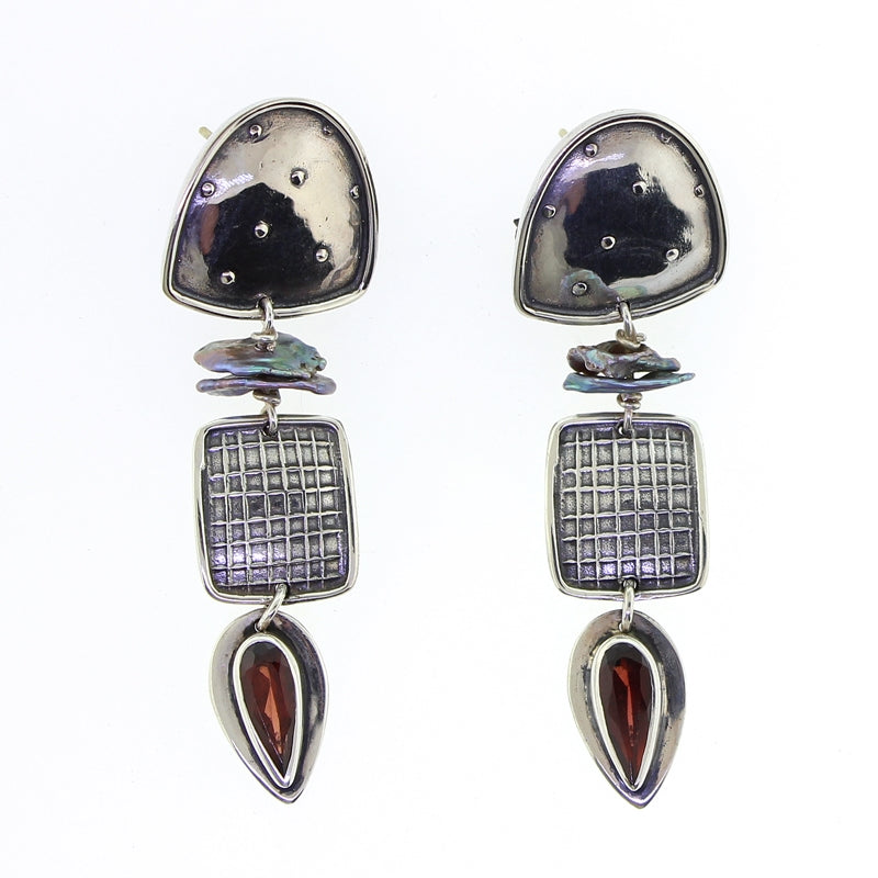 Tabra Silver Faceted Garnet Grey Pearl Post Earrings