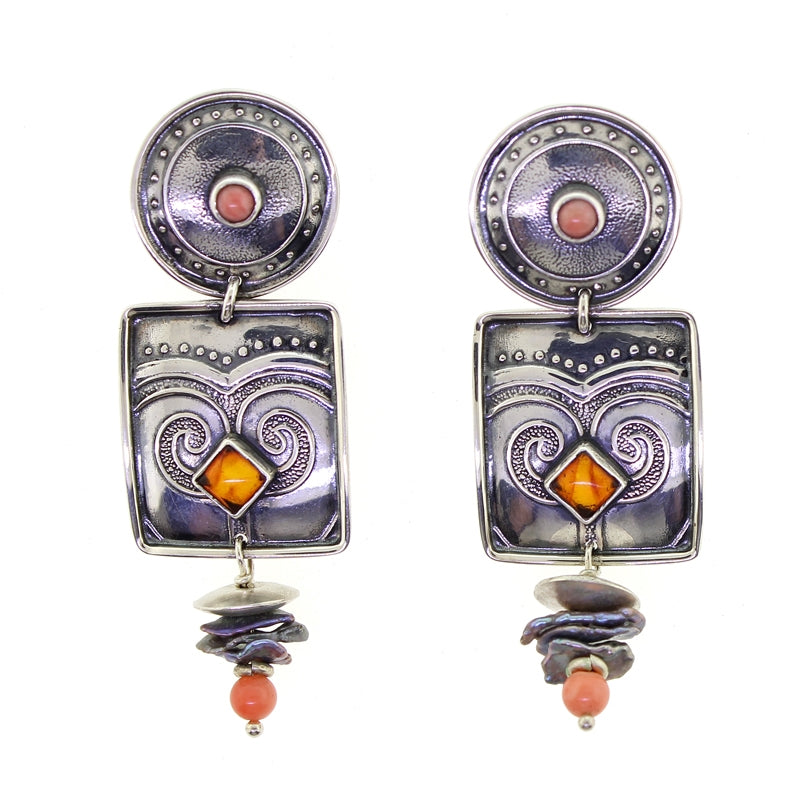 Tabra Amber Coral Pearl Silver Emboss Post Earrings