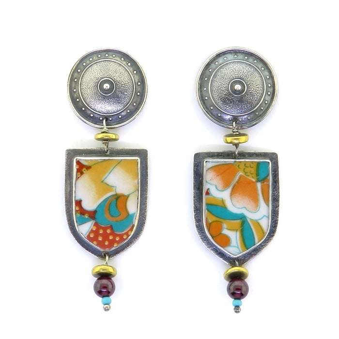 Tabra Porcelain Shard Silver Emboss Beaded Earrings